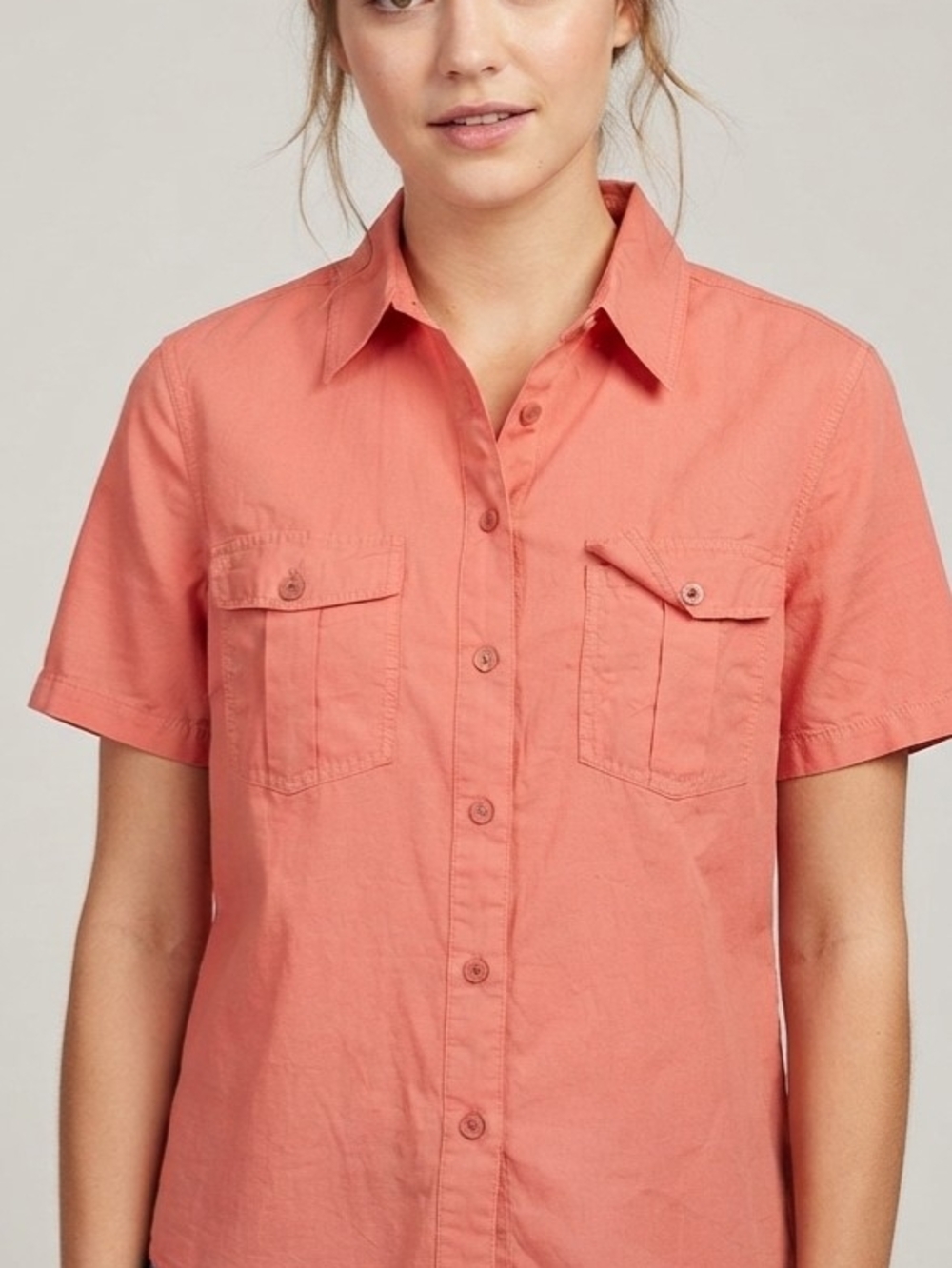 Laura Scott Women's Pink Solid Silk Woven Collared Button-Up Pockets S